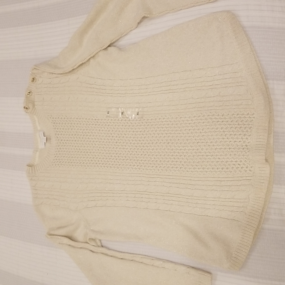 Charter Club Crew Neck Sweater shoulder button, size XL cream with golden thread
